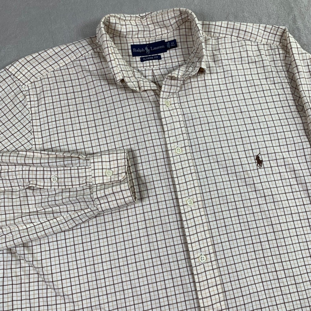 Ralph Lauren Button Down Mens LT Tan Brown Tattersall Check Classic Fit Cotton